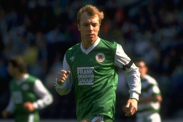 Steve Archibald of Hibs in action during a match at Celtic Park. Pic: Ben Radford/Allsport