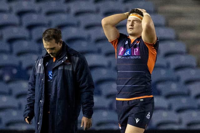 Edinburgh's Nic Groom, left, and Mike Willemse cut dejected figures after the narrow defeat by Glasgow. Picture: Craig Williamson/SNS