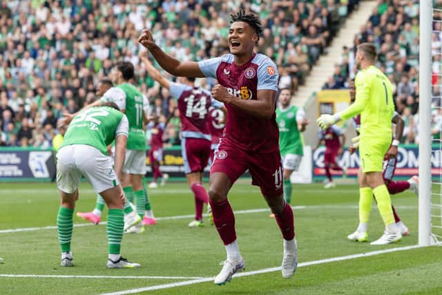 Aston Villa's Ollie Watkins celebrates scoring his side's second in the 5-0 win over Hibs at Easter Road.. (Photo by Ross Parker / SNS Group)
