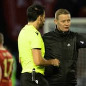 Aberdeen manager remonstrates with referee Daniel Stefanski (Photo by Mark Scates / SNS Group)