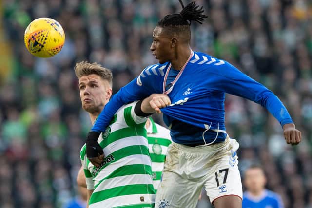 Kristoffer Ajer battles with Joe Aribo during the Ladbrokes Premiership match between Celtic and Rangers at Celtic Park on December 29, 2019. (Photo by Alan Harvey / SNS Group)