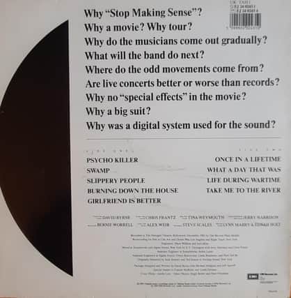 The back cover of the Stop Making Sense soundtrack album. Picture: Graham Lindsay