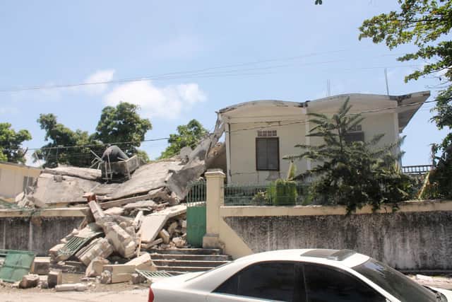 The parish where the sisters of Our Lady Fatima of the Cayes reside, is seen collapsed after the earthquake hit. Picture: Stanley Louis/AFP via Getty Images
