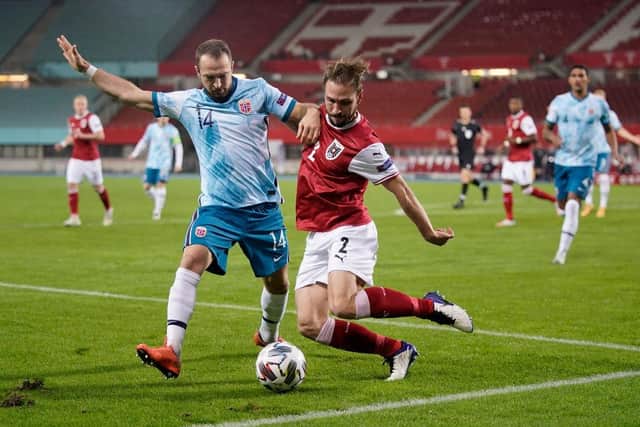 Veton Berisha in action for Norway against Austria. (Photo by Christian Hofer/Getty Images)