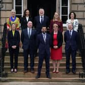 Newly elected First Minister of Scotland Humza Yousaf on the steps of Bute House, Edinburgh, with his cabinet after their first meeting. Picture date: Wednesday March 29, 2023.