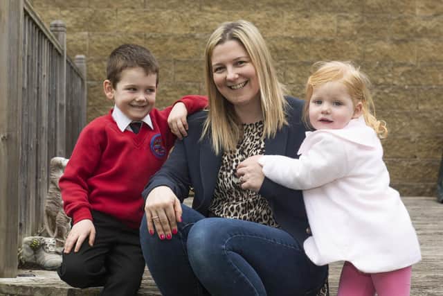 Linzi Page has terminal bowel cancer. She is pictured here with children Calan, now seven, and Charlotte, now four, at their home in Burntisland, Fife. Picture: Andy O'Brien