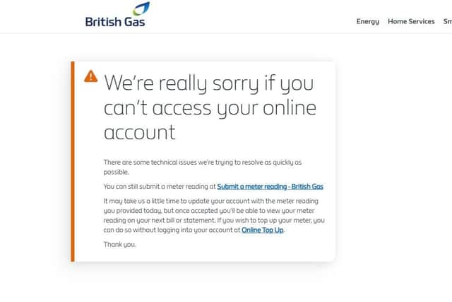 Screengrab of the affected British Gas website.