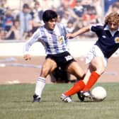 Diego Maradona scored his first goal for Argentina against Scotland. Picture: SNS