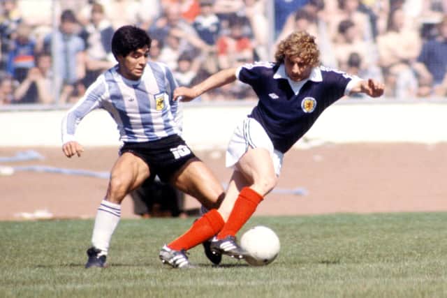 Diego Maradona scored his first goal for Argentina against Scotland. Picture: SNS