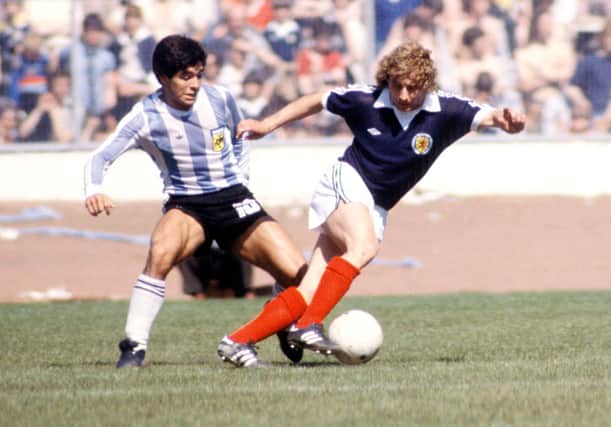 Diego Maradona scored his first goal for Argentina against Scotland. Picture: SNS