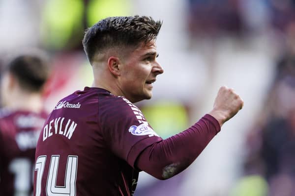 Hearts' Cammy Devlin celebrates scoring to make it 3-2 against Livingston.