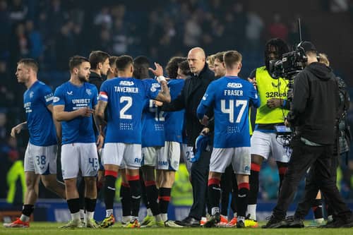 Philippe Clement congratulates his Rangers players after the 5-2 win over Dundee.