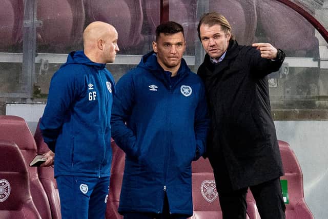 Hearts manager Robbie Neilson with assistants Gordon Forrest and Lee McCulloch.