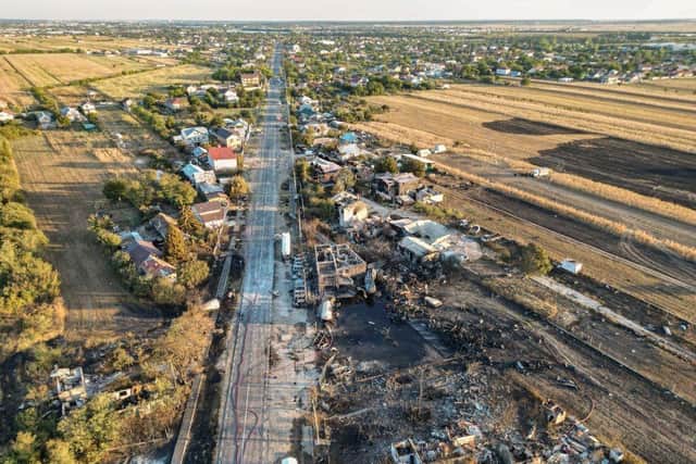 An aerial view shows the site of the explosion and fire of an LPG gas station in Crevedia village, near Bucharest, southern Romania. Picture: Getty Images