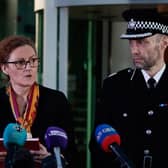 Lancashire Police's Assistant Chief Constable Peter Lawson listens next to Detective Chief Superintendent Pauline Stables as she speaks at a press conference after Nicola Bulley's body was found in the River Wyre. Picture: Jeff J Mitchell/Getty Images