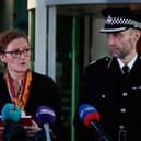 Lancashire Police's Assistant Chief Constable Peter Lawson listens next to Detective Chief Superintendent Pauline Stables as she speaks at a press conference after Nicola Bulley's body was found in the River Wyre. Picture: Jeff J Mitchell/Getty Images