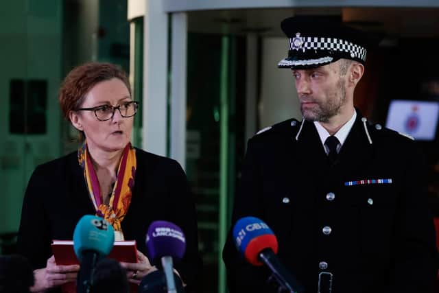 Lancashire Police's Assistant Chief Constable Peter Lawson listens next to Detective Chief Superintendent Pauline Stables as she speaks at a press conference after Nicola Bulley's body was found in the River Wyre. Picture: Jeff J Mitchell/Getty Images