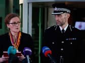 Lancashire Police's Assistant Chief Constable Peter Lawson listens next to Detective Chief Superintendent Pauline Stables as she speaks at a press conference after Nicola Bulley's body was found in the River Wyre. Picture: Jeff J Mitchell/Getty Images