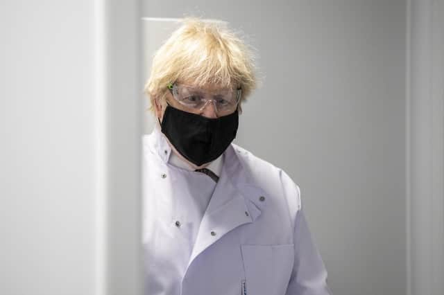 Prime Minister Boris Johnson visits the quality control laboratory where batches of the Astro Zeneca Covid-19 vaccine are tested at Oxford Biomedica. Picture: Heathcliff O'Malley-WPA Pool/Getty Images