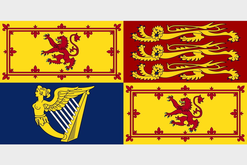 In Scotland a different version of the Royal Standard is used, with Scottish arms in the first and fourth quarters and English arms in the second, which is used when a Sovereign is present. There are many variations of this design but this particular flag dates back to 1837.