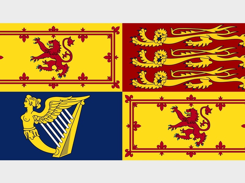 In Scotland a different version of the Royal Standard is used, with Scottish arms in the first and fourth quarters and English arms in the second, which is used when a Sovereign is present. There are many variations of this design but this particular flag dates back to 1837.