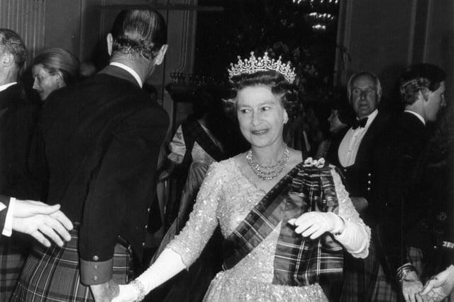 The Queen at the centenary ball of the Royal Scottish Pipers' Society in Edinburgh in 1982.