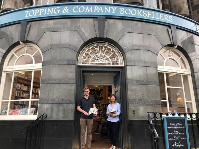 Hugh and Cornelia Topping outside the firm’s Edinburgh bookstore as it prepares to reopen. Picture: contributed.