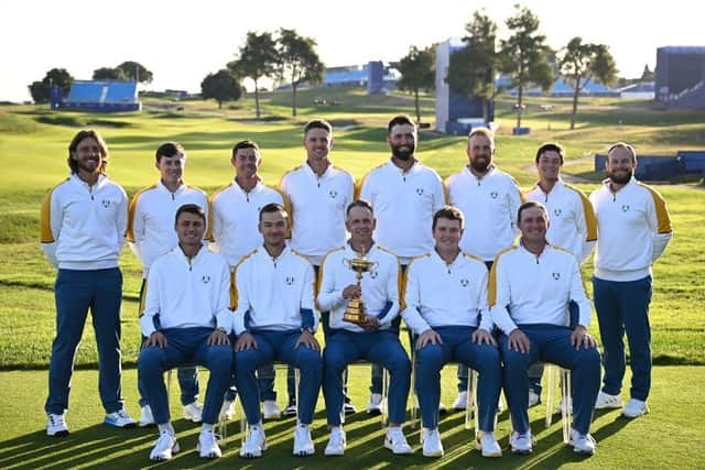 Luke Donald and his European players pose with the trophy of the 44th Ryder Cup at the Marco Simone Golf and Country Club in Rome. Picture: Paul Ellis/AFP via Getty Images.