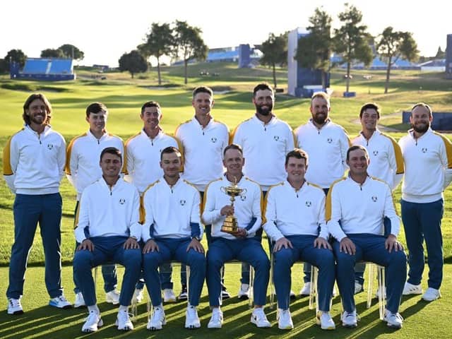 Luke Donald and his European players pose with the trophy of the 44th Ryder Cup at the Marco Simone Golf and Country Club in Rome. Picture: Paul Ellis/AFP via Getty Images.