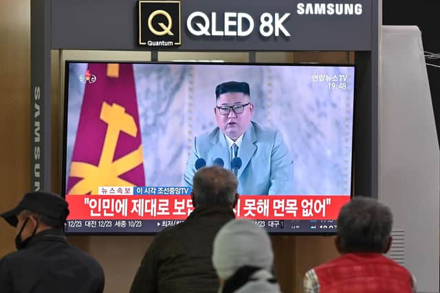People watch a TV broadcast of a speech by North Korean leader Kim Jong Un during commemorations of the 75th anniversary of the ruling Workers' Party. Picture: AP