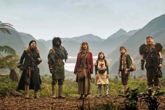 Lisa Kudrow leads the Time Bandits on thrilling new adventures with Kal-El Tuck as their junior history expert. Picture: Apple TV+
