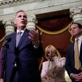 U.S. Speaker of the House Kevin McCarthy speaks to reporters in Statuary Hall at the US Capitol in Washington, DC. McCarthy said he hopes to bring a House vote on a continuing resolution to fund the government this Friday.