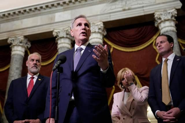 U.S. Speaker of the House Kevin McCarthy speaks to reporters in Statuary Hall at the US Capitol in Washington, DC. McCarthy said he hopes to bring a House vote on a continuing resolution to fund the government this Friday.