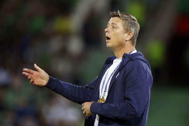 Malmo's head coach Jon Dahl Tomasson shouts instructions at his team in Bulgaria.