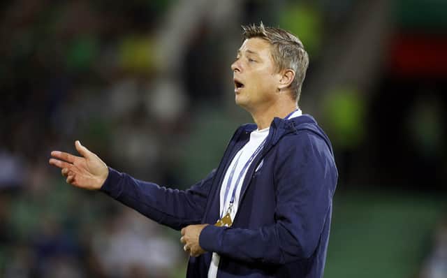 Malmo's head coach Jon Dahl Tomasson shouts instructions at his team in Bulgaria.