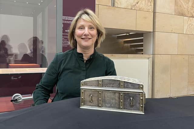 Dr Anna Groundwater, principal curator of renaissance and early modern history at the National Museums of Scotland, with the silver casket believed to have belonged to Mary Queen of Scots.