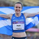 Scotland's Laura Muir celebrates her gold medal in the 1500m final at the Commonwealth Games in Birmingham. (Photo by GLYN KIRK/AFP via Getty Images)
