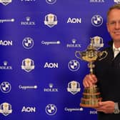 New European Ryder Cup captain Luke Donald poses with the trophy. Picture: Mike Ehrmann/Getty Images.