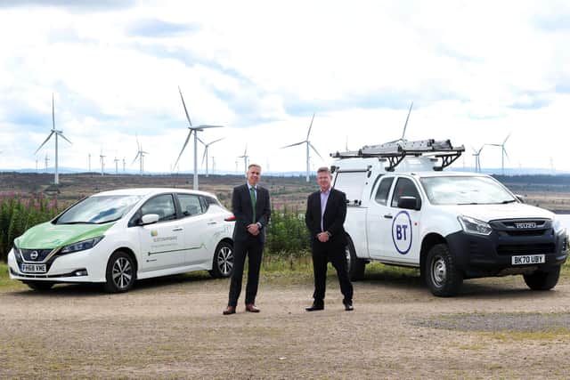 Allan Ferguson, UK director of infrastructure, operations and communications at ScottishPower with Alan Lees, director for BT’s enterprise business in Scotland at Whitelee wind farm in Eaglesham. Picture: Stewart Robertson