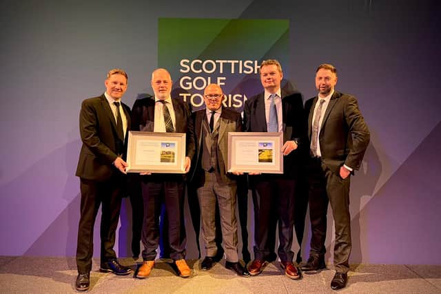 Members of the Dundonald Links management team and Trust Golf Women's Scottish Open tournament director Harry Owen show off the Ayrshire venue's awards at Fairmont St Andrews.