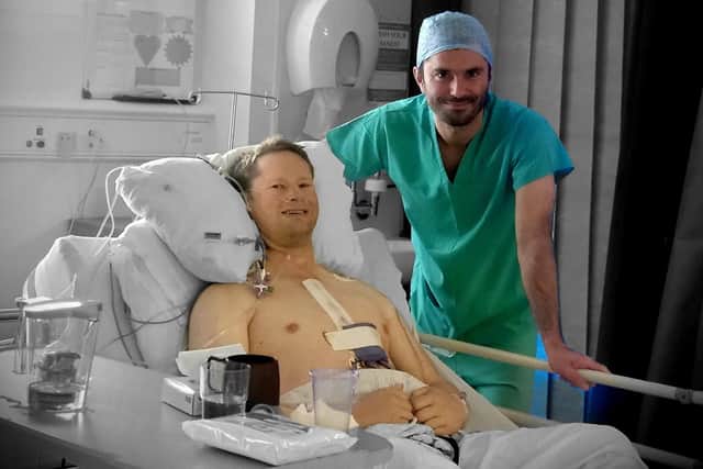 Jamie Douglas-Hamilton and Consultant Cardiothoracic Surgeon at Edinburgh Royal Infirmary, Vincenzo Giordano following his heart surgery.