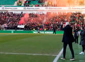 Aberdeen fans make their feelings known about manager Jim Goodwin ahead of the loss to Hibs. (Photo by Paul Devlin / SNS Group)