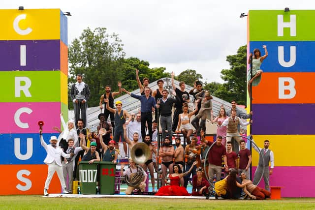 Circus Hub performers with Underbelly founders Ed Bartlam and Charlie Wood. Picture: Scott Louden