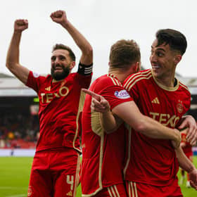 Aberdeen's Bojan Miovski celebrates making it 4-0 against Ross County.