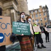 Edinburgh University students protest about the  level of online lectures and the failure to deliver 'hybrid learning' amid the coronavirus pandemic. (Photo by Jeff J Mitchell/Getty Images)