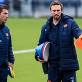 Gareth Baber, left, with Mike Blair during an Edinburgh training session. (Photo by Ross Parker / SNS Group)