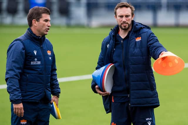 Gareth Baber, left, with Mike Blair during an Edinburgh training session. (Photo by Ross Parker / SNS Group)
