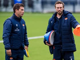 Gareth Baber, left, with Mike Blair during an Edinburgh training session. (Photo by Ross Parker / SNS Group)