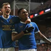 GLASGOW, SCOTLAND - NOVEMBER 25: Rangers' Alfredo Morelos celebrates his opener with Borna Barisic (left) during a UEFA Europa League match between Rangers and Sparta Prague at Ibrox Stadium, on November 25, in Glasgow, Scotland. (Photo by Alan Harvey / SNS Group)