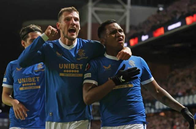 GLASGOW, SCOTLAND - NOVEMBER 25: Rangers' Alfredo Morelos celebrates his opener with Borna Barisic (left) during a UEFA Europa League match between Rangers and Sparta Prague at Ibrox Stadium, on November 25, in Glasgow, Scotland. (Photo by Alan Harvey / SNS Group)